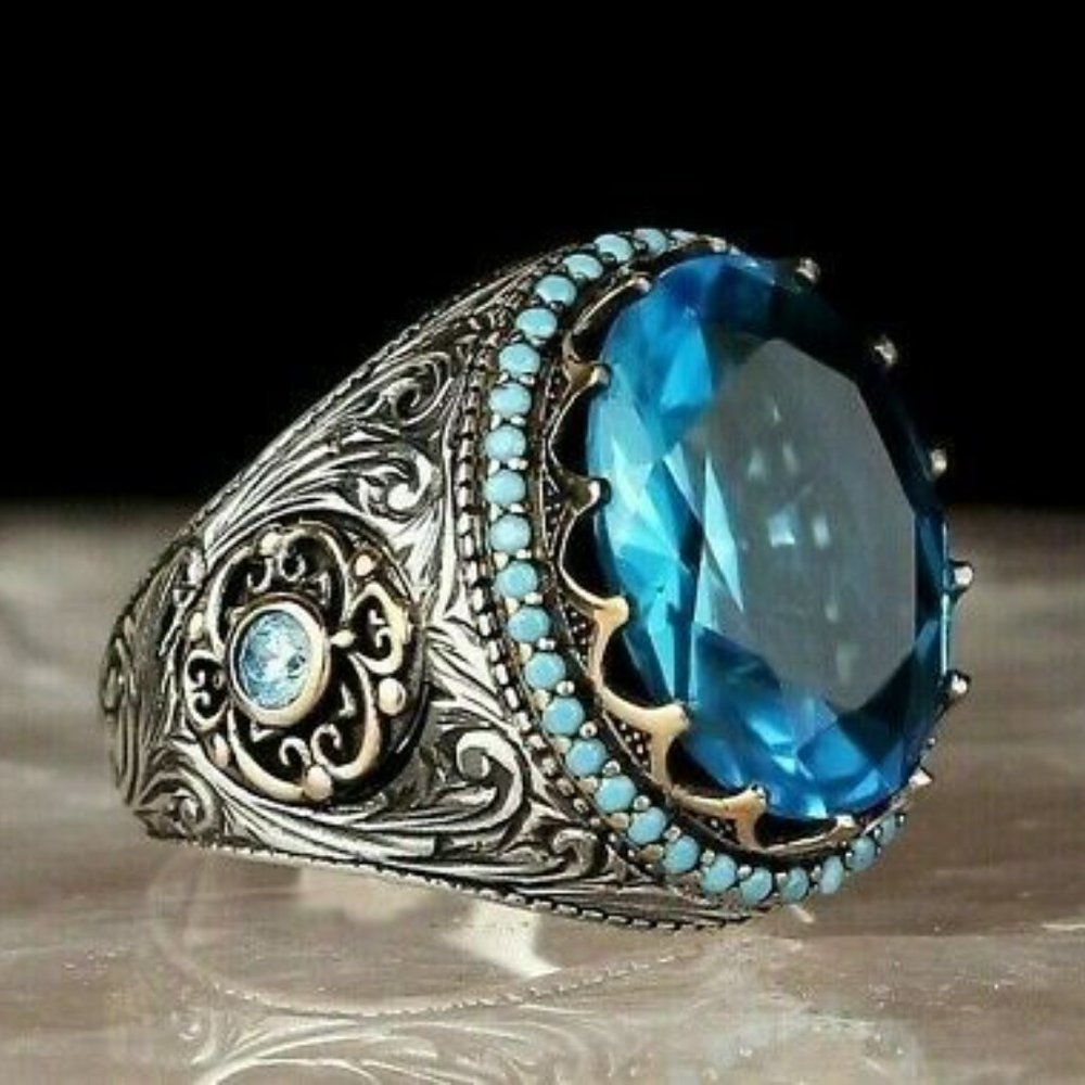 💎Ethnic Bohemia Style With Big Blue Oval CZ vintage Ring, MLNN1381